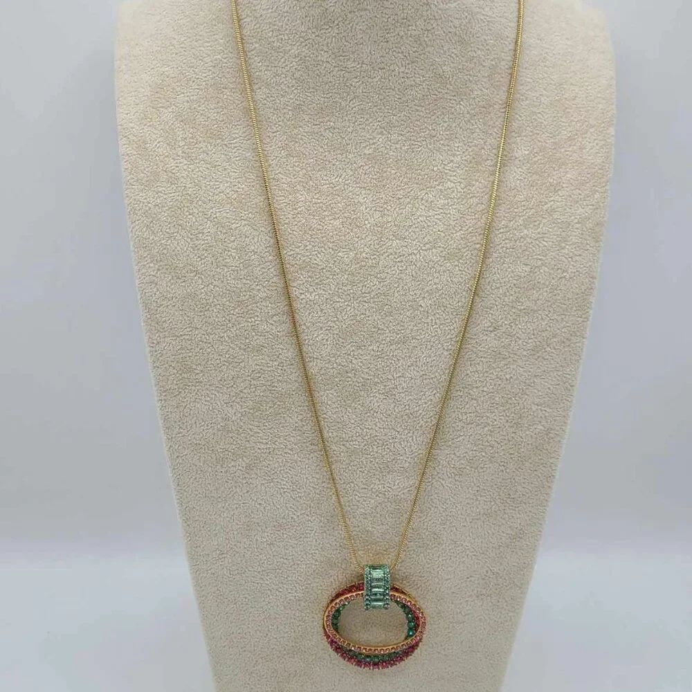 J Crew Multi Color Crystal Oval Circle Pendant on a Snake Chain